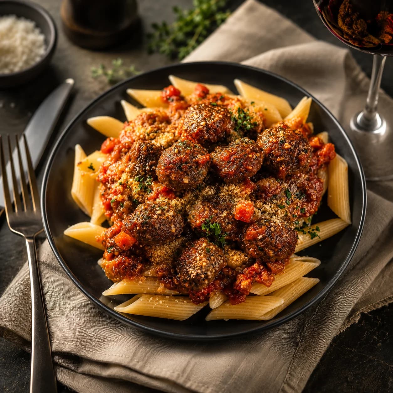Pasta and meatballs in a rich tomato sauce